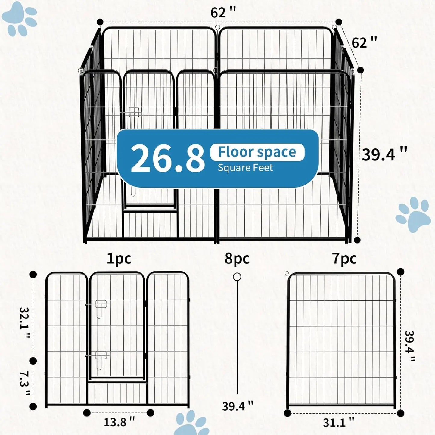 Foldable Heavy Duty Metal Dog Playpen with 8 Panels, 40" Height for Indoor Outdoor Yard Exercise Puppy Fence