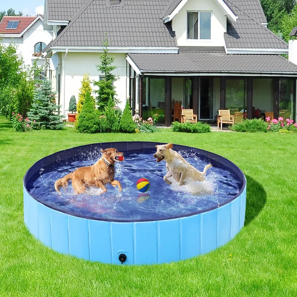Yah 63"x12" Large Foldable Dog Pool – Collapsible Hard Plastic Pet Bath Tub, Scratch-Resistant – for Small to Large Dogs, Blue