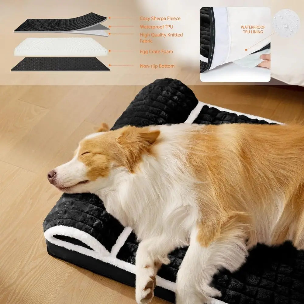 Large Orthopedic XL Dog Bed with Pillow, 48x30 Waterproof Comfortable Egg Crate Foam Pet Bed Mat, Removable Washable Cover, Non-