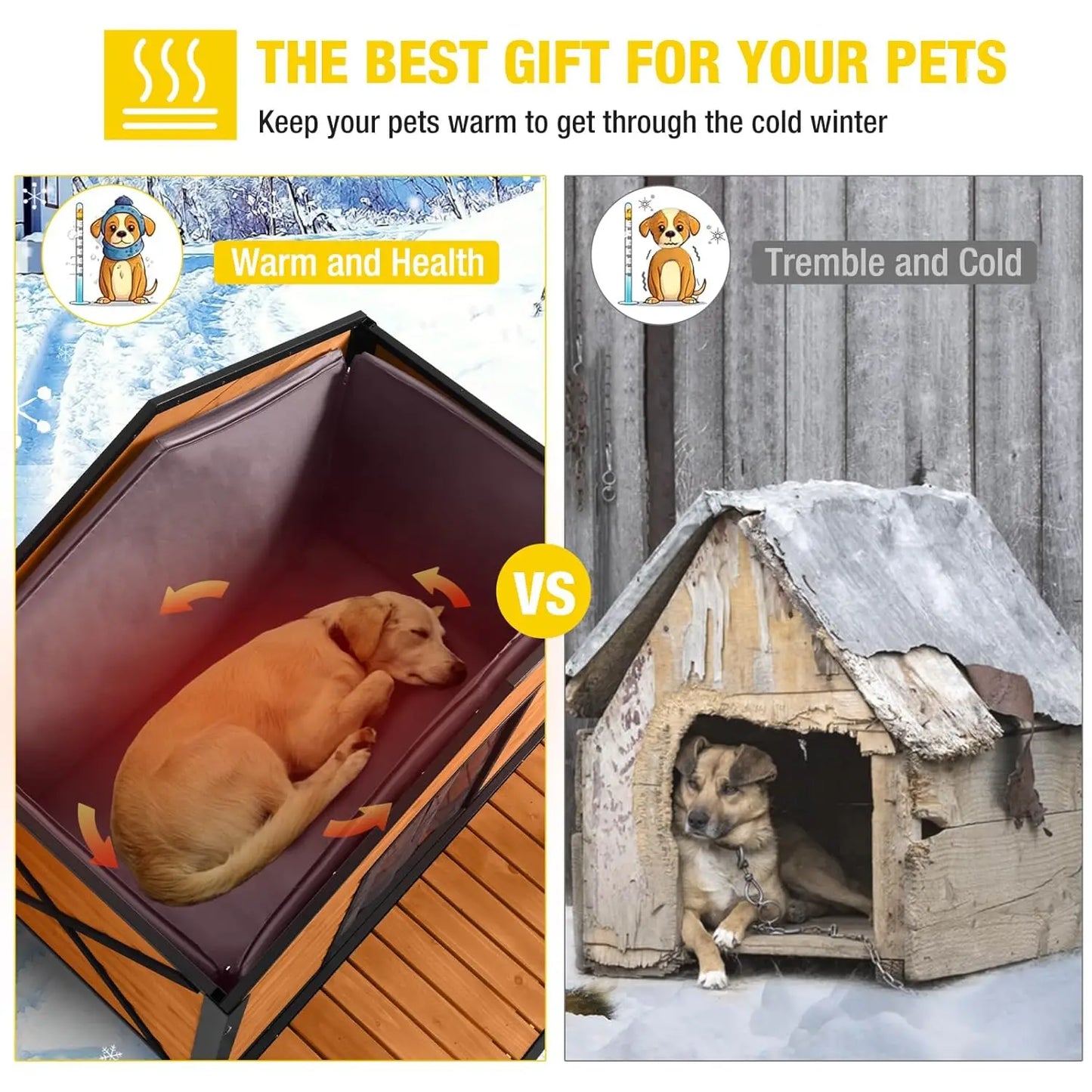 Insulated Outdoor Dog House with Chewproof Metal Frame Weatherproof Kennel for Medium Large Dogs 41.5x41.4x34.1in, Custom
