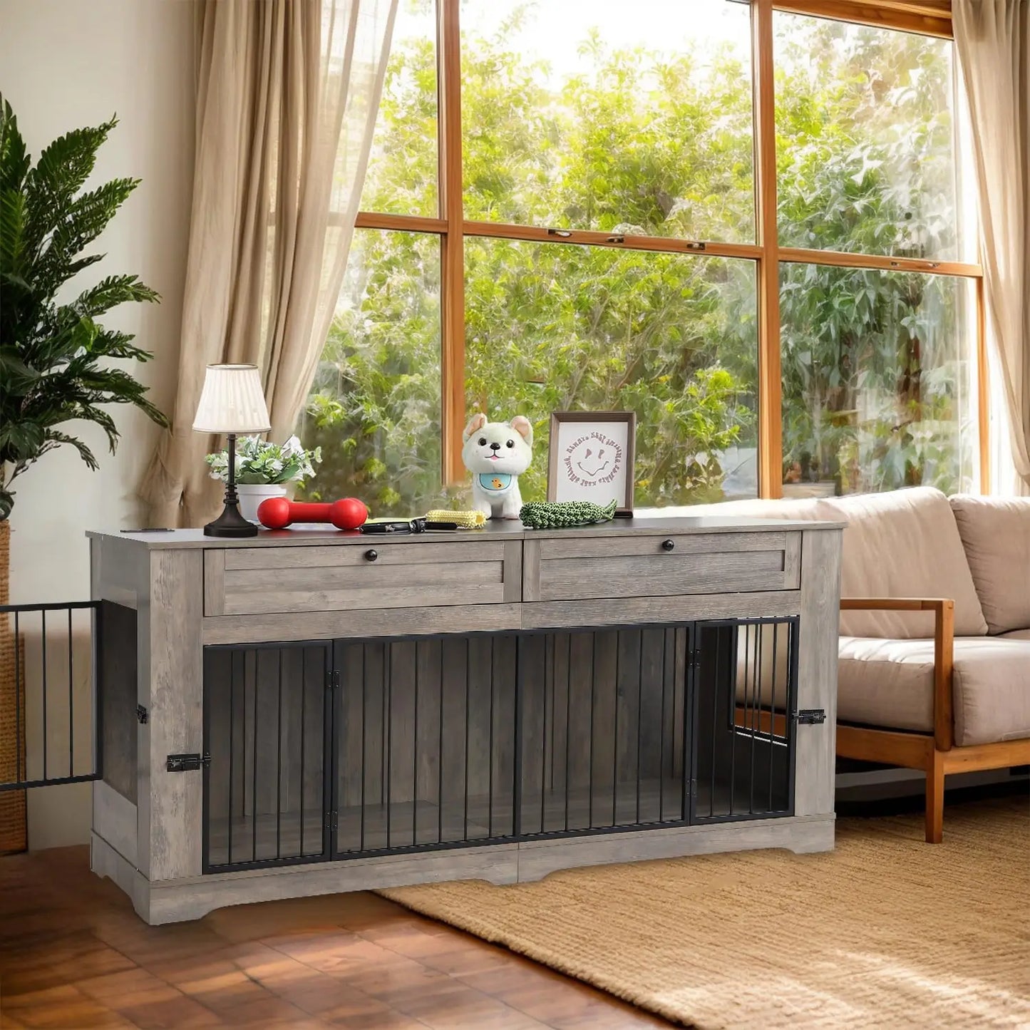 Large Heavy Duty Wooden Dog Crate Furniture End Table with Charging Station & Drawers for Indoor Pet House, 70.86'', Custom
