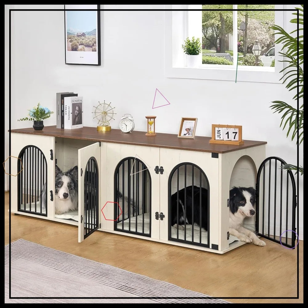 71" Heavy Duty Indoor Dog Kennel Furniture for 2 Dogs, XL Wooden Cage with Divider, TV Stand End Table, White Brown