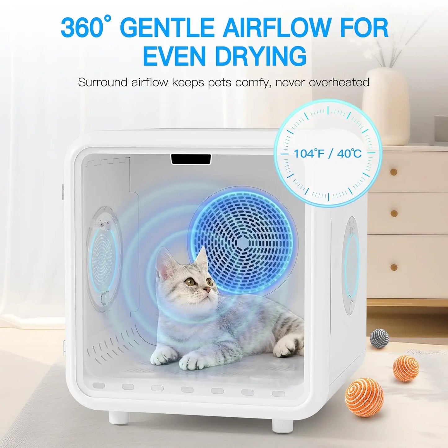 75L Quiet Pet Dryer Box for Cats Small Dogs, 360° Airflow Adjustable Temperature Time Smart App Control Home Grooming, Custom