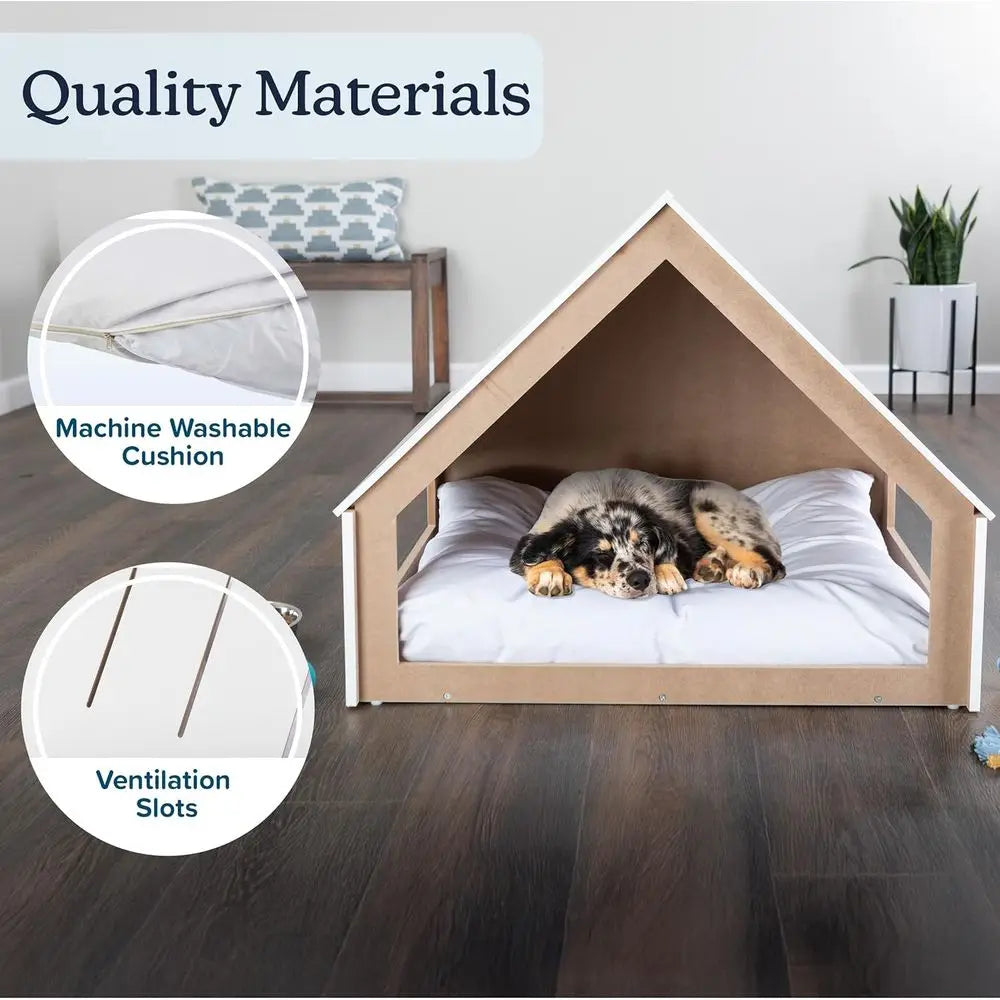 Indoor Dog House Bed - Wood Doghouse with Sot Cushion and Air Vents - 29.5x28x24in Dog urniture or Small to Medium Pets up to 80