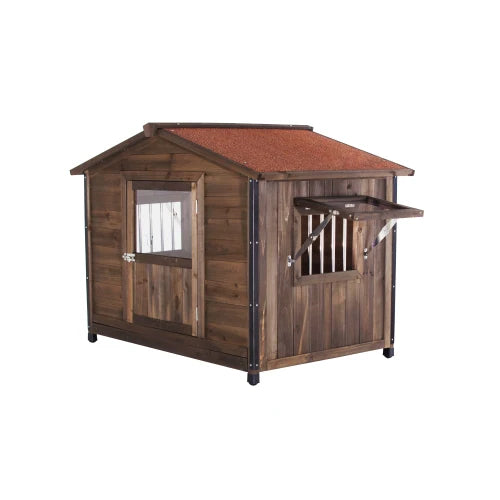 Unique All-Around Iron Frame,Outdoor Large Wooden Cabin House Style Wooden Dog Kennel