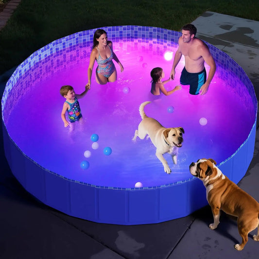 Foldable Dog Pool with RGB LED Light, 94" Collapsible Hard Plastic Kiddie Swimming Pool with Remote for Small Medium Large Doggi