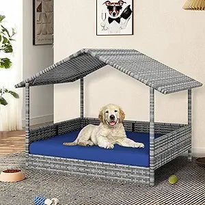 Large Wicker Dog House with Cushion Outdoor Indoor Rattan Doghouse Elevated Raised Dog Bed with Canopy Water Unaffected