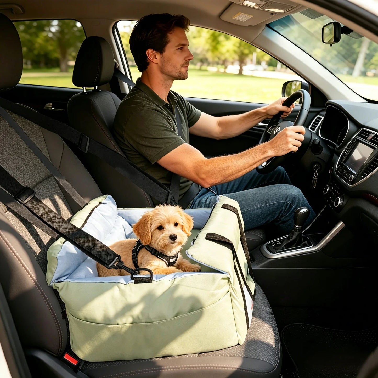 Dog Car Seat for Small Dogs Washable Pet Booster Car Seats with Safety Belt Puppy Travel Carrier Bed Black/Green up to 22 lbs