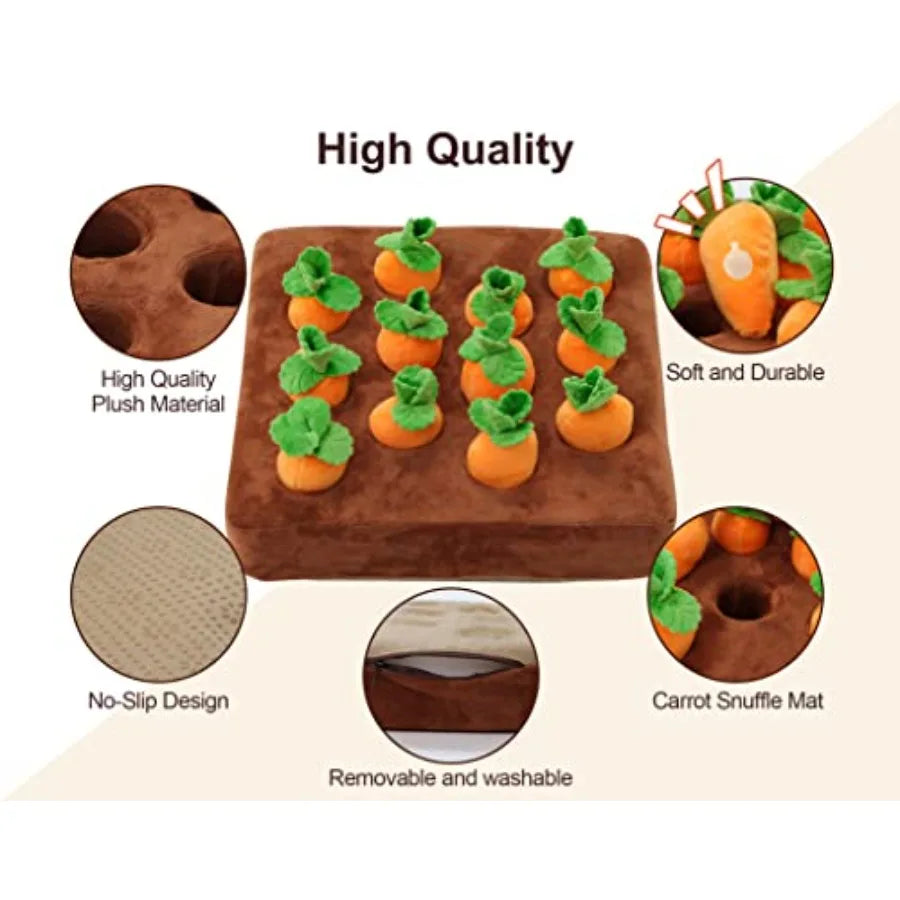 Interactive Dog Toys Squeak Carrot Snuffle Mat for Dogs Plush Puzzle Toys 2 in 1 Non-Slip Nosework Feed Games for Pet Stress Re