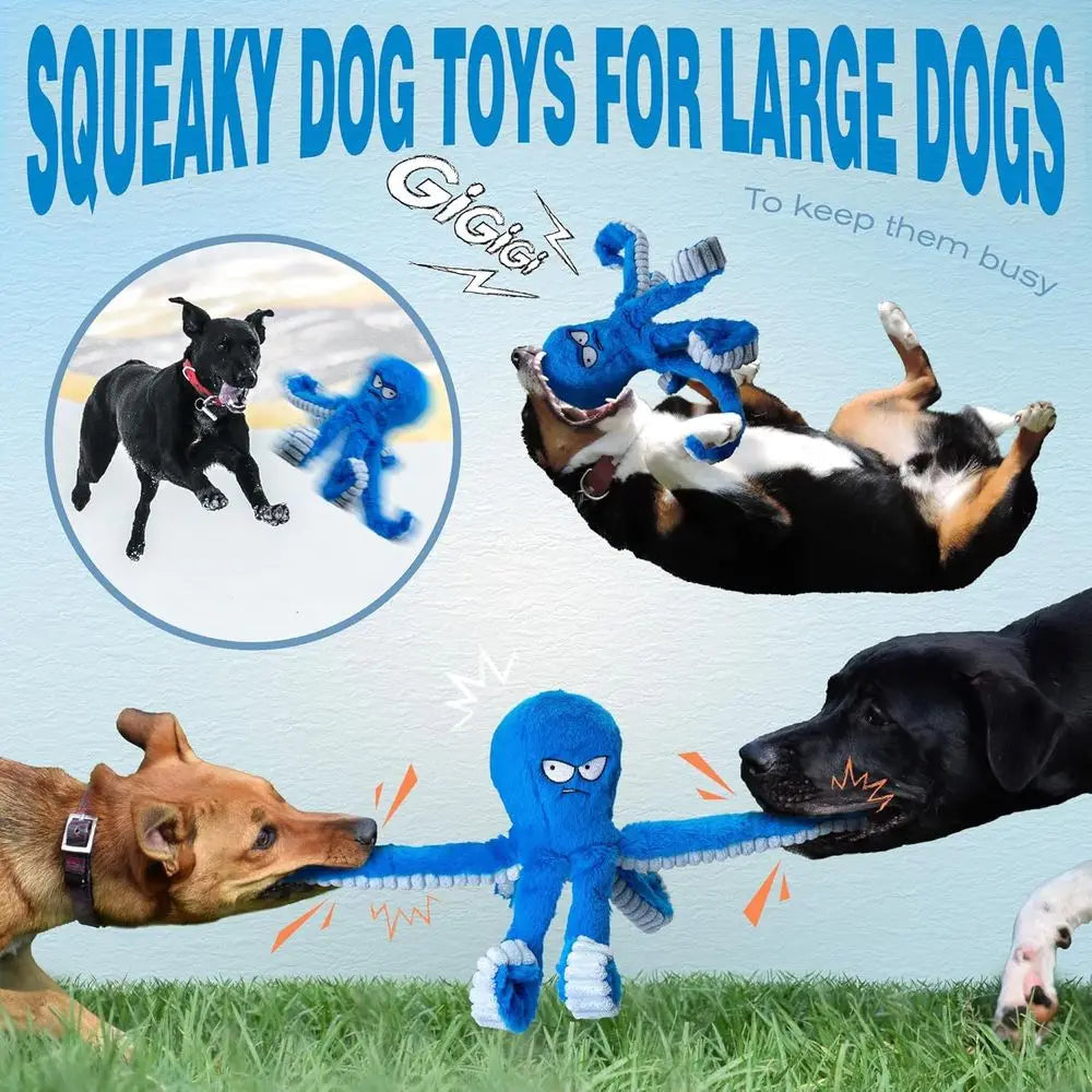 Tough Dog Toys, Stued Chew Large Dog Toys to Keep Them Busy, Interactive Squeaky Tug o War De Toy, Crinkle Blue Plus