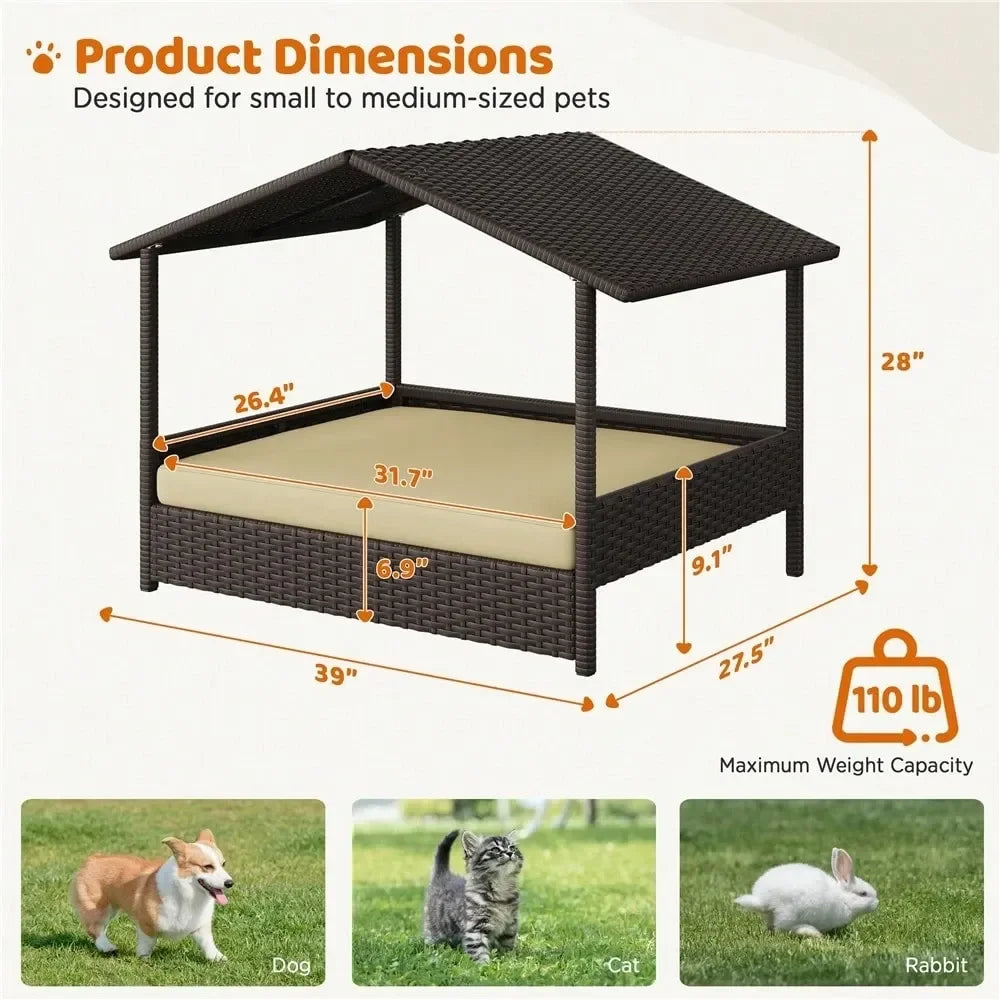Dog House Dog Kennel OutdoorRattan Dog House Outdoor Pet House Raised Dog Bed With Foam Cushion Canopy Outdoor Elevated Pet Bed