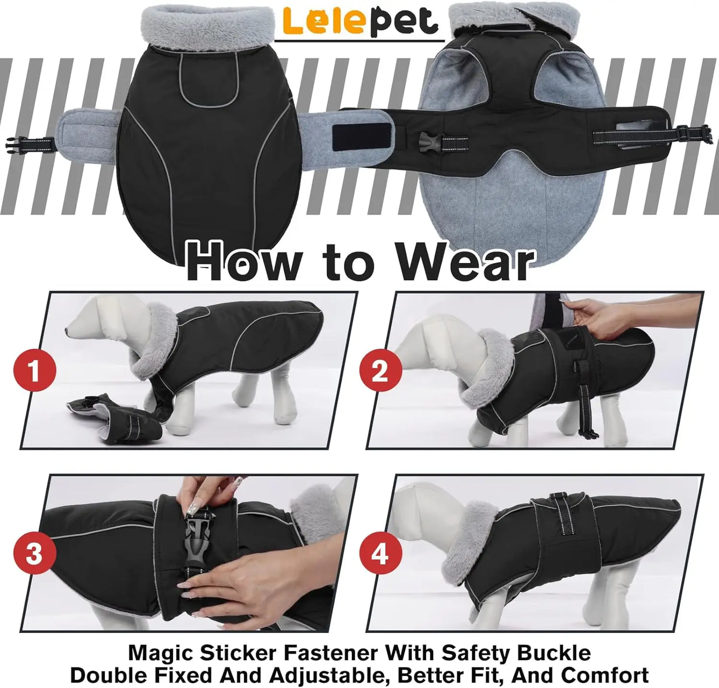 Reflective Waterproof Dog Jacket, Windproof Fleece Vest for Winter Cold Weather with Adjustable Buckle, Black Size M