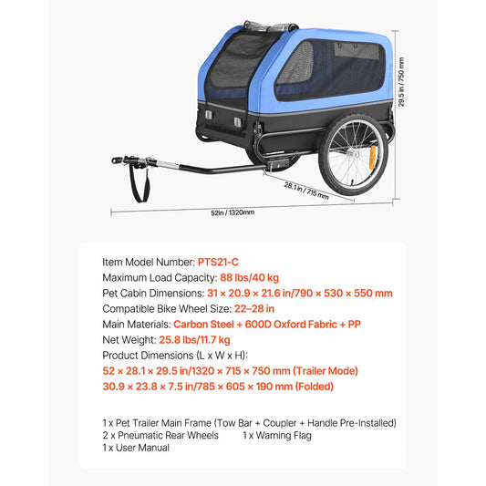 SucceBuy 66/88 lbs Dog Bike Trailer Easy Folding Frame Pet Cart Bicycle Carrier with Coupler & Reflector for Small & Medium Dogs