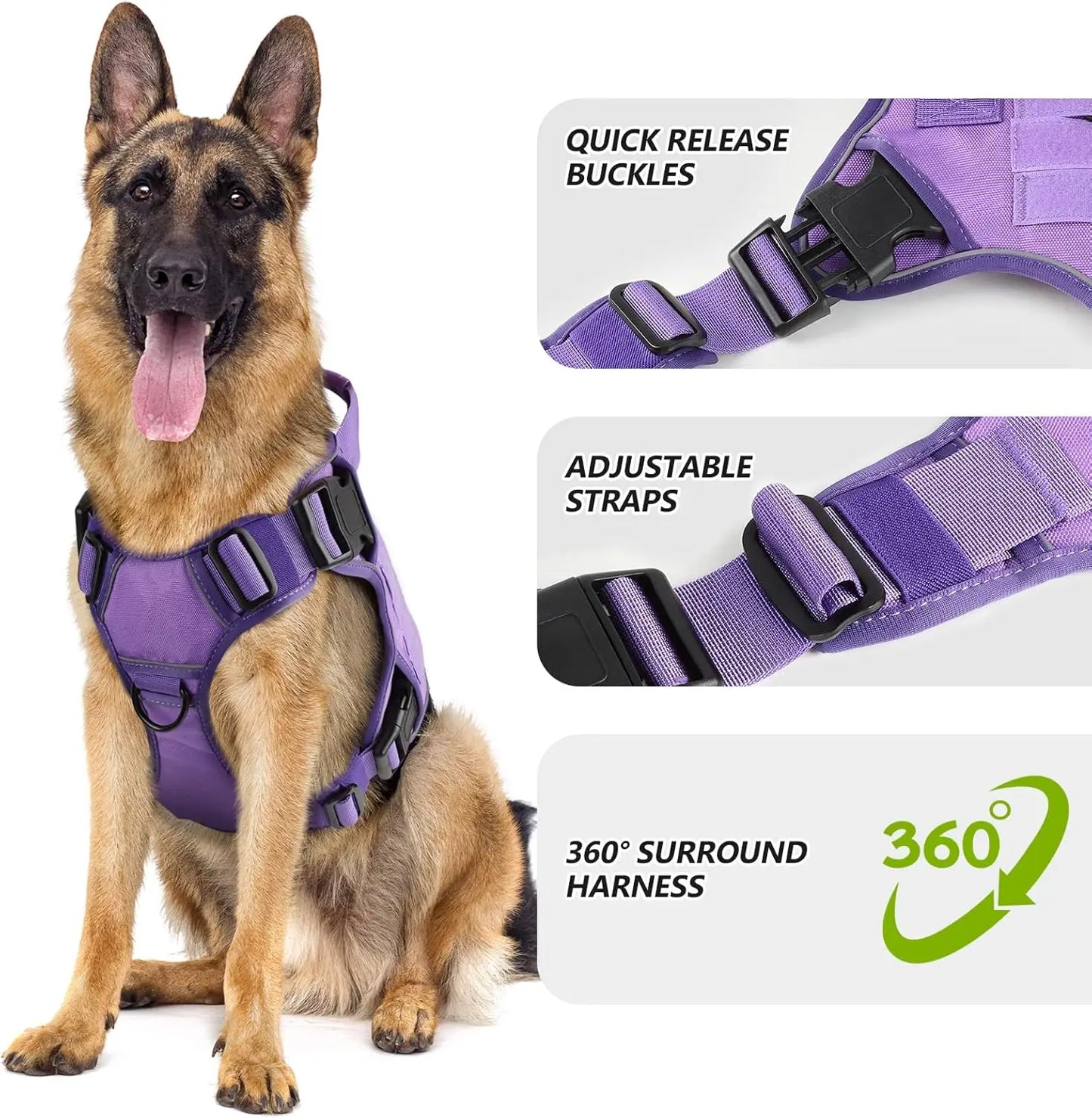 Purple Tactical Dog Harness for Large Dogs, Heavy Duty No Pull with Handle, Adjustable Reflective Vest for Husky, Doberman
