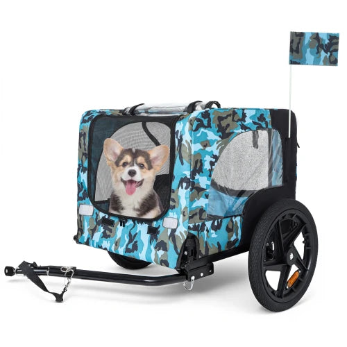 Heavy duty foldable pet bike trailer with 16 inch all terrain wheels and universal hooks, blue+black