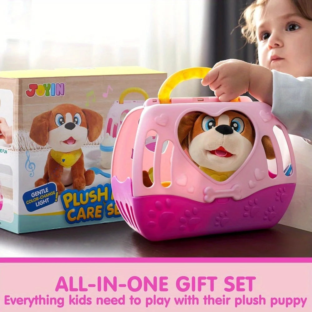 JOYFY Play Puppy Dog Toys with Carrier & Accessories Plush Dog with Interactive Button Lights Sounds or Kids Birthday Gifts
