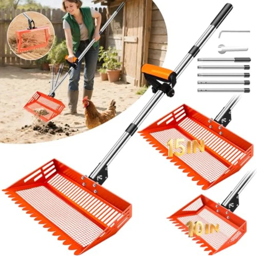 4 IN 1 Chicken Coop Scooper with 2 Large Metal Shovel Heads Long Handle Sifting Shovel for Sand Chicken Poop Scooper Rake Suita