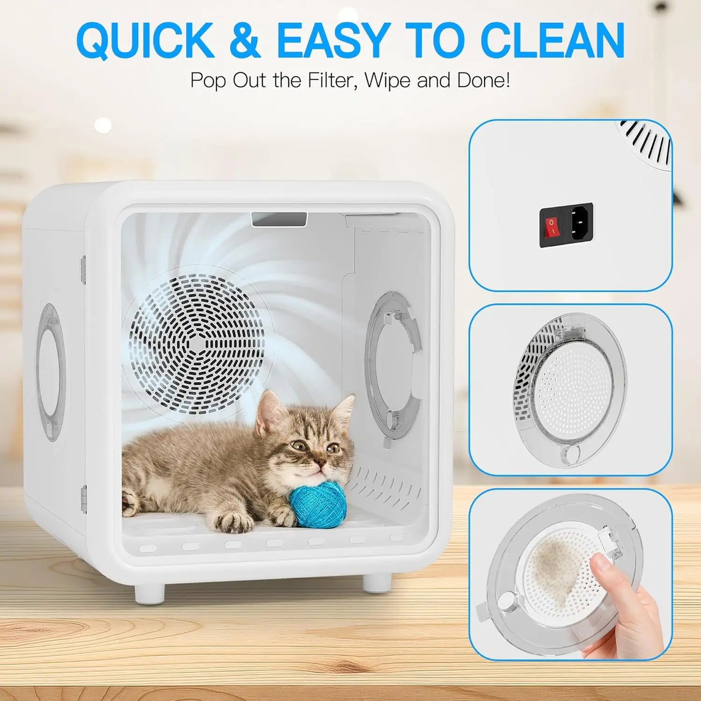 75L Quiet Pet Dryer Box for Cats Small Dogs, 360° Airflow Adjustable Temperature Time Smart App Control Home Grooming, Custom