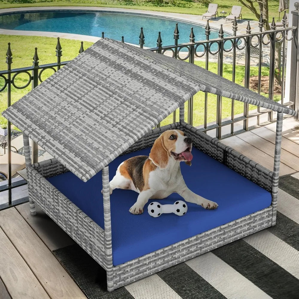 Large Wicker Dog House with Cushion Outdoor Indoor Rattan Doghouse Elevated Raised Dog Bed with Canopy Water Unaffected