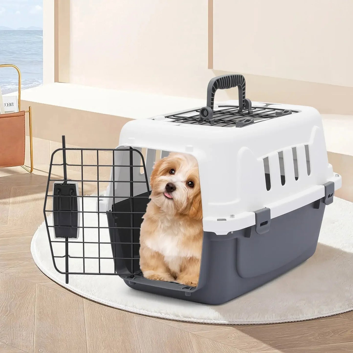 MoNiBloom 2-Door Cat Dog Carrier, Plastic Dog Crate Hard-Sided Dog Travel Carrier Airline Ventilation And Security Lock With Han