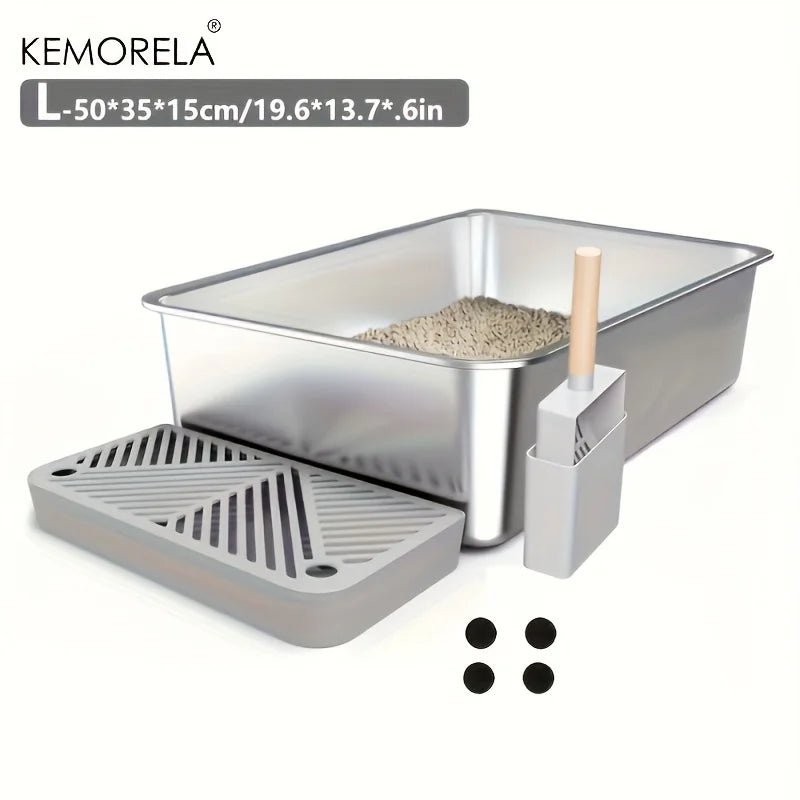 1PC 6-Inch LStainless Steel Cat Litter Box with Scoop Pedal - Extra Large High-Sided Rectangular Design Non-Stick Easy-Clean