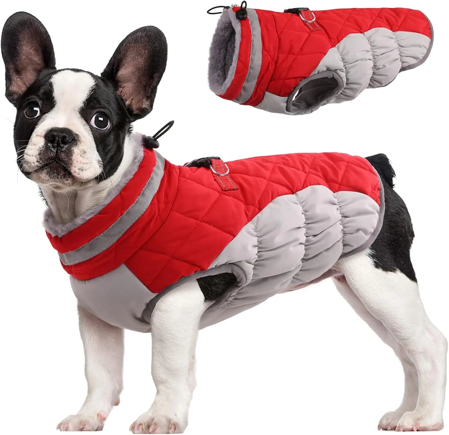 Waterproof Dog Winter Jacket with Built-in Harness, Reflective Vest for Small Dogs, Warm Fleece Snowsuit Windproof Red