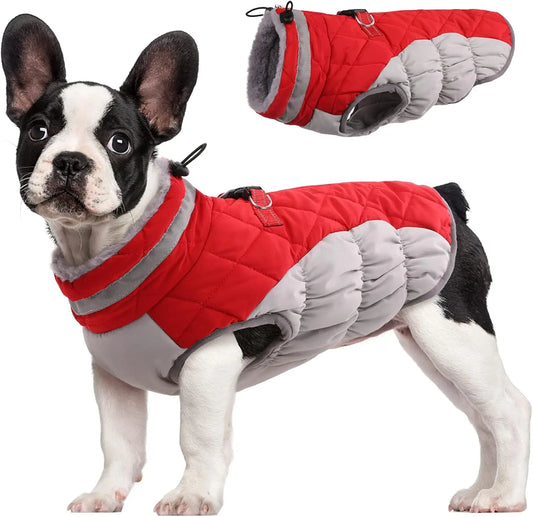 Waterproof Dog Winter Jacket with Built-in Harness, Reflective Vest for Small Dogs, Warm Fleece Snowsuit Windproof Red
