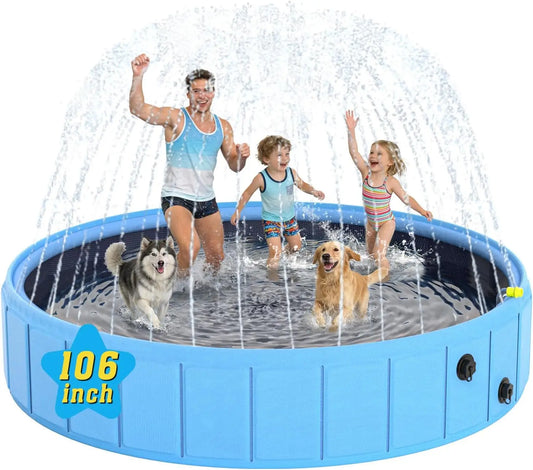 Foldable Dog Pool with Sprinkler, 106" Extra Large Non-Slip Swimming Pool for Dogs, 2-in-1 Outdoor Pet Bathing Tub with Drain Plug