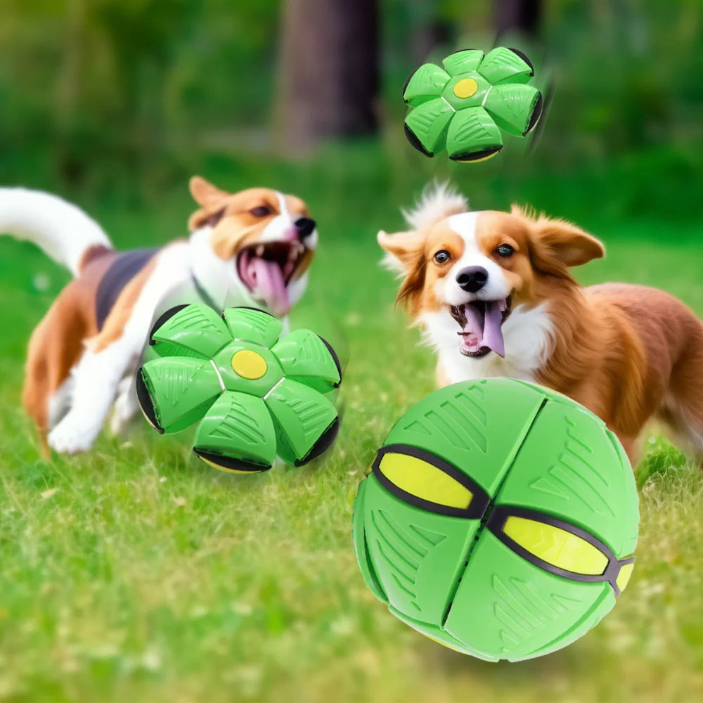 Transform UFO Ball Dog Toy: Chew-Resistant & Stompable Flying Saucer - Bouncing, Shape-Shifting Fetch Toy for Night Play