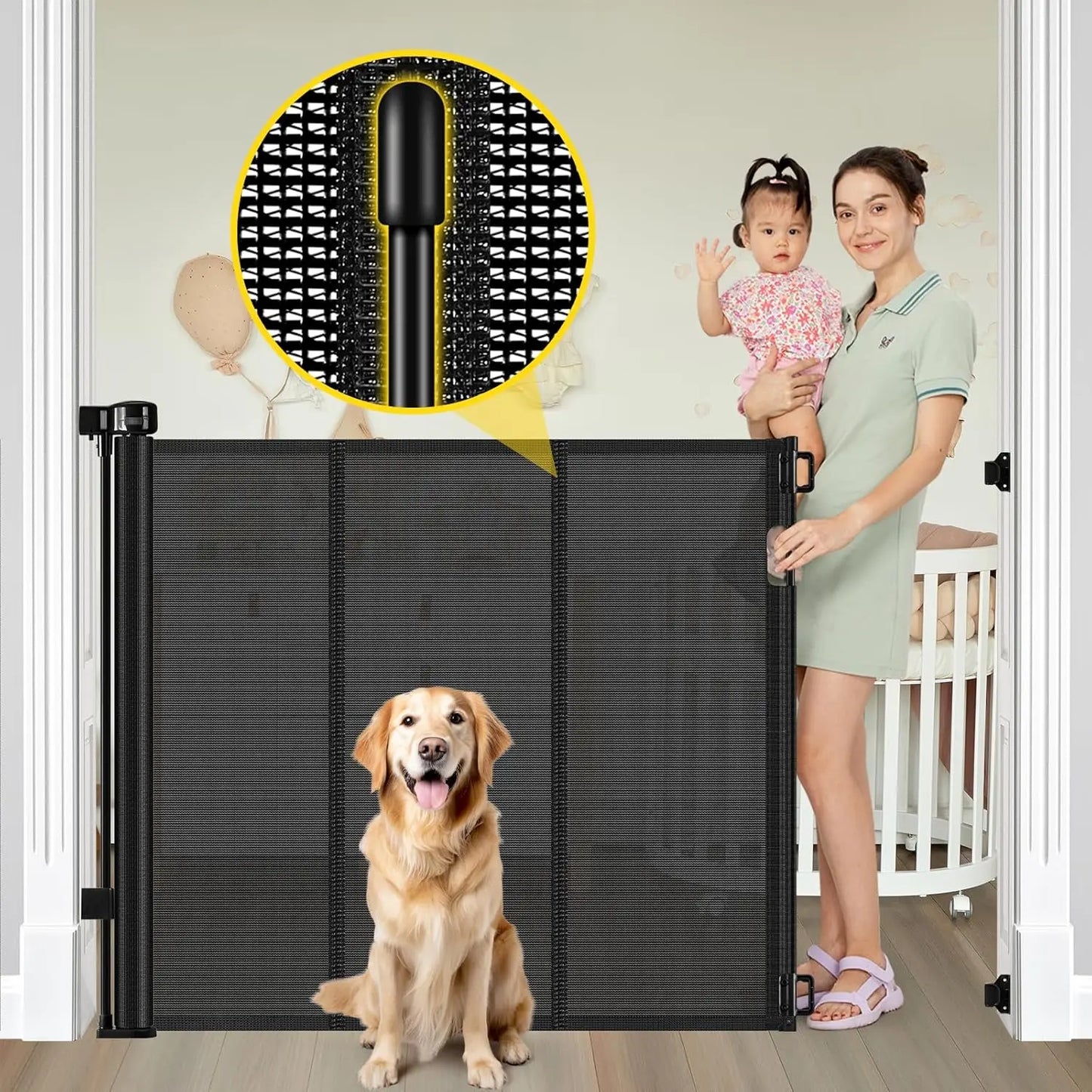 42" Extra Tall Retractable Baby and Dog Gate, Extends to 60", Indoor/Outdoor Safety Barrier