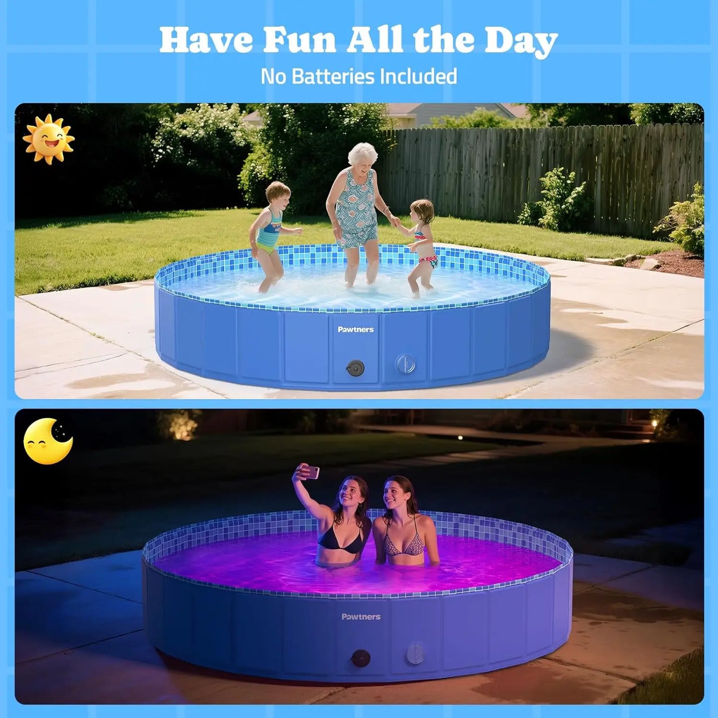 Foldable Dog Pool with RGB LED Light, 94" Collapsible Hard Plastic Kiddie Swimming Pool with Remote for Small Medium Large Doggi