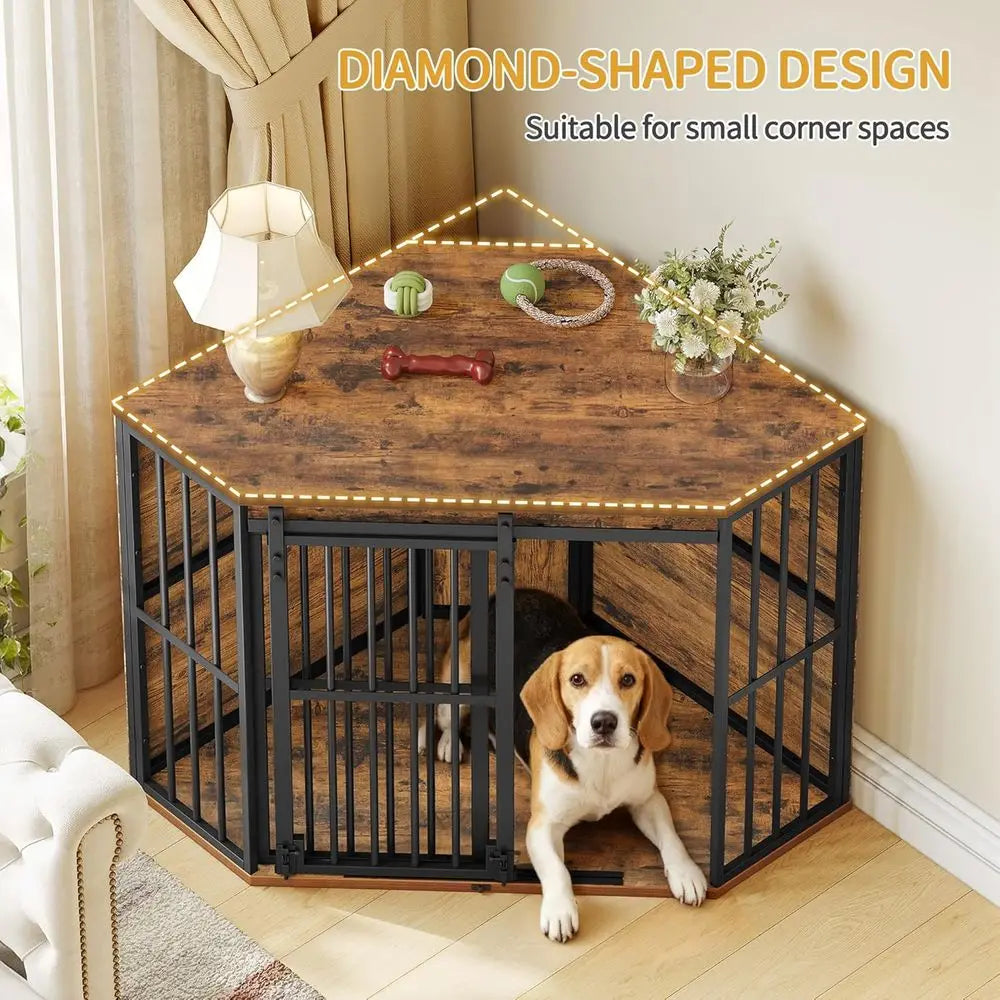 Corner Dog Crate Furniture with Barn Door, Heavy Duty Dog Kennel Indoor, Wooden Decorative Pet Cage for Small Medium Dogs, Space
