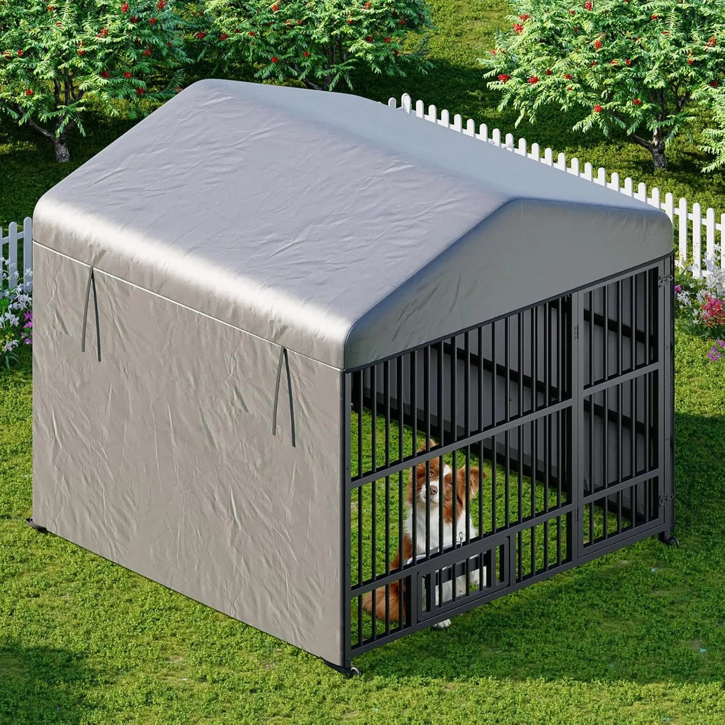 Outdoor Dog Kennel with Cover, 6.6 x 6.6 x 6.4 ft Dog Kennel Outside with Waterproof Roof and Rotating Feeding, Customized