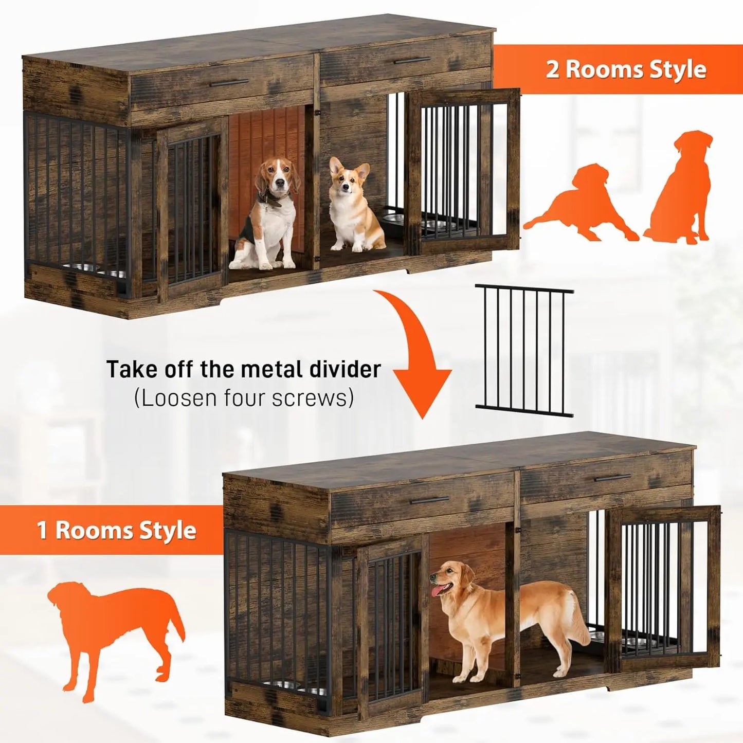 72" Double Dog Crate Furniture with Drawers & Bowls, Wooden Kennel Divider, Indoor Pet House TV Stand Medium Dogs, Custom
