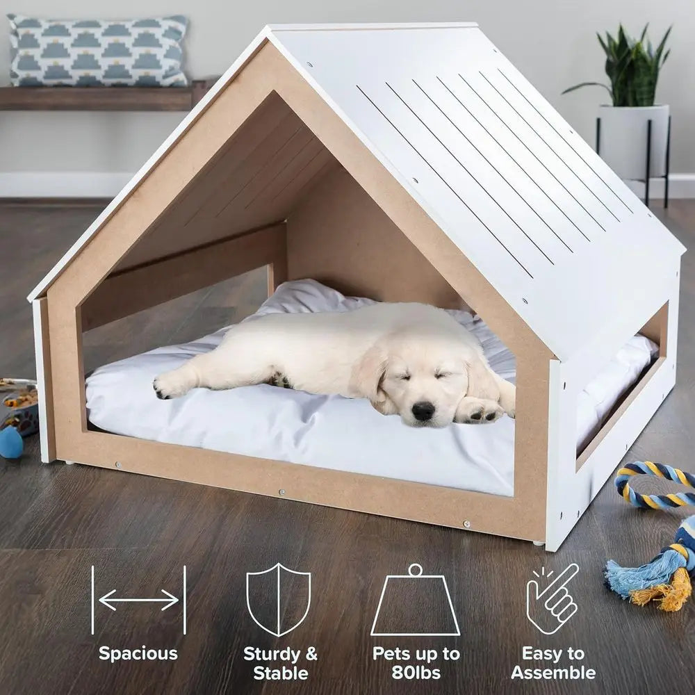 Indoor Dog House Bed - Wood Doghouse with Sot Cushion and Air Vents - 29.5x28x24in Dog urniture or Small to Medium Pets up to 80