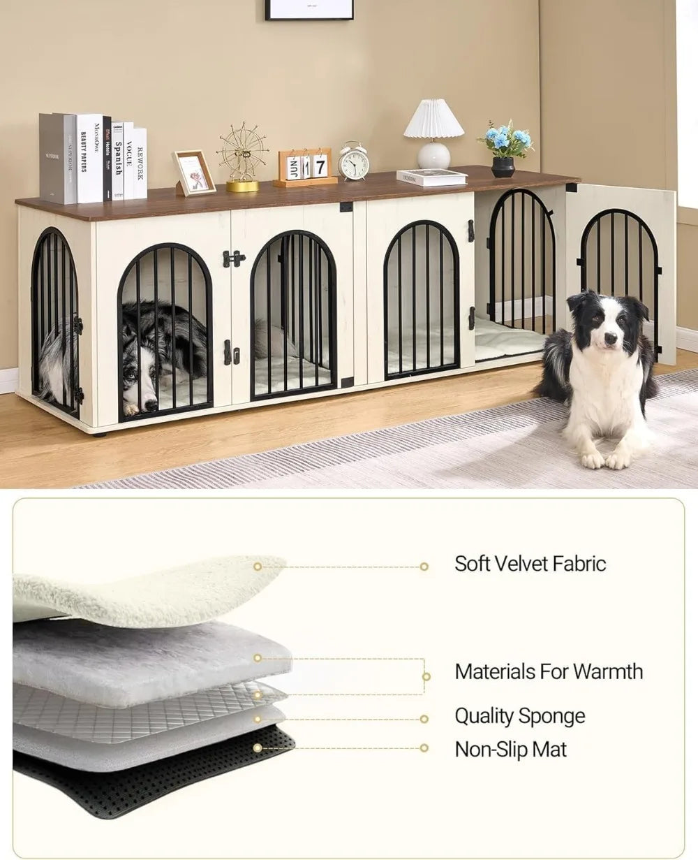71" Heavy Duty Indoor Dog Kennel Furniture for 2 Dogs, XL Wooden Cage with Divider, TV Stand End Table, White Brown