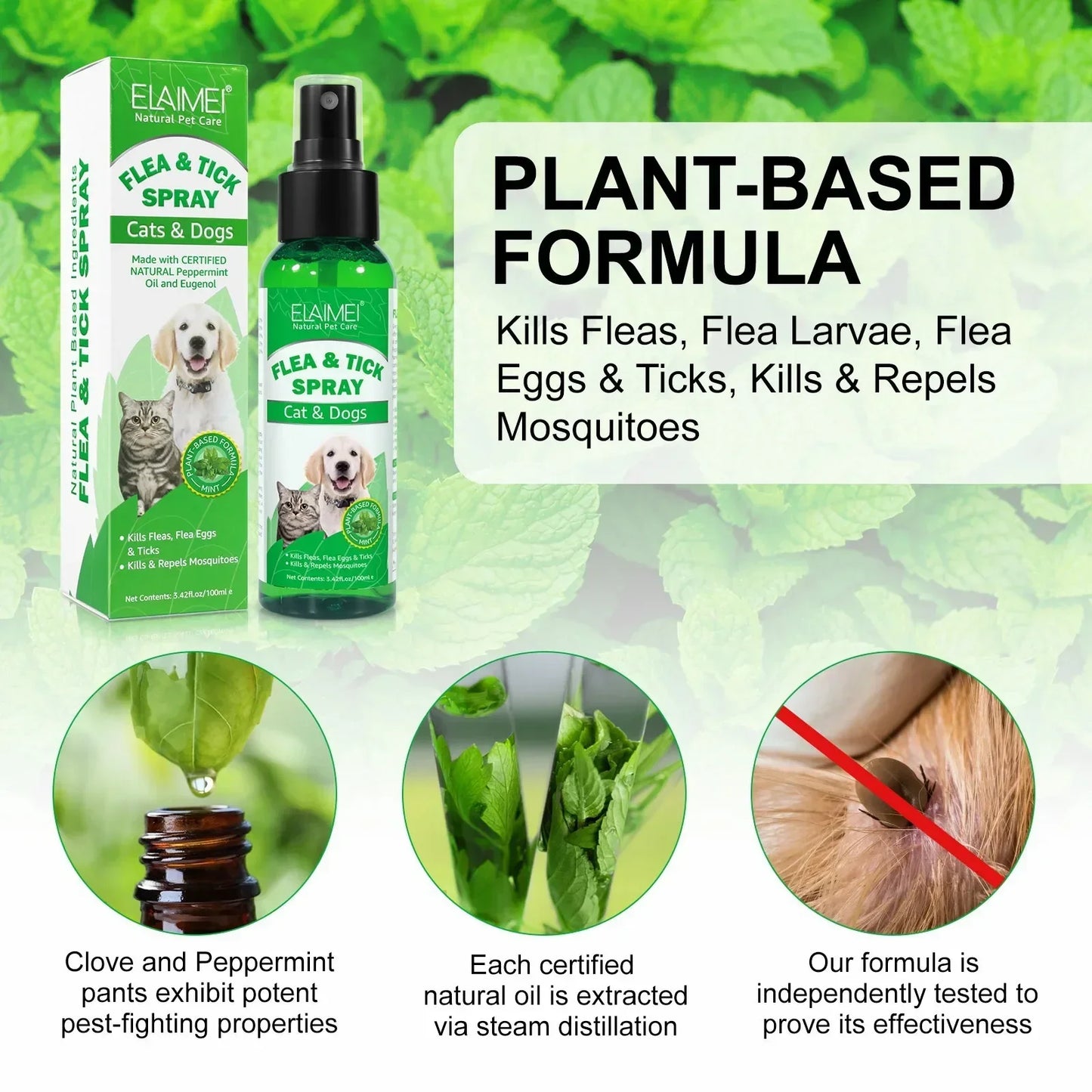 100ml Natural Pet Care Topical Flea&Tick Spray Remover for Dogs&Cats with Fresh Fragrance Peppermint Oil and Eugenol