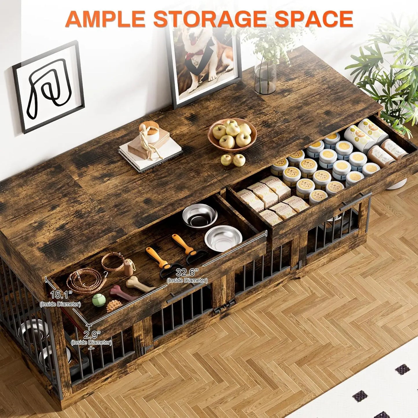 72" Double Dog Crate Furniture with Drawers & Bowls, Wooden Kennel Divider, Indoor Pet House TV Stand Medium Dogs, Custom