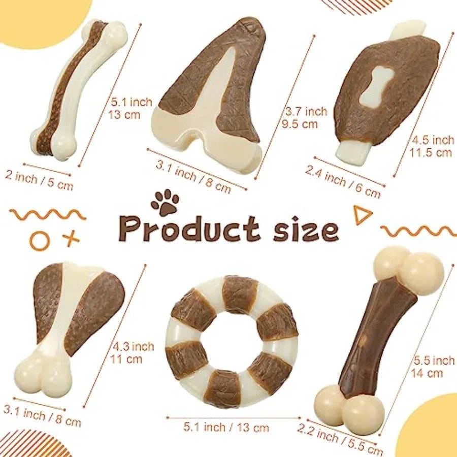 6 Pieces Chew Toys for Aggressive Chewers Real Beef Flavor Dog Teething Chew Bones for Breed Puppies Pet Toy with Durable Nylon