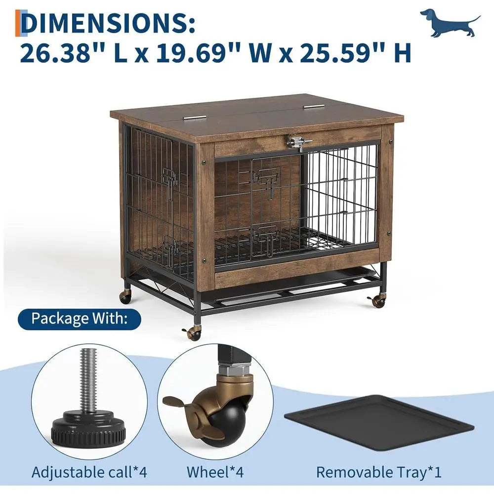 Double-Door Pet Crate urniture, 26 Inch Wooden Dog Kennel with Removable Tray, Indoor Dog House Table or Small Medium Dogs, Chew