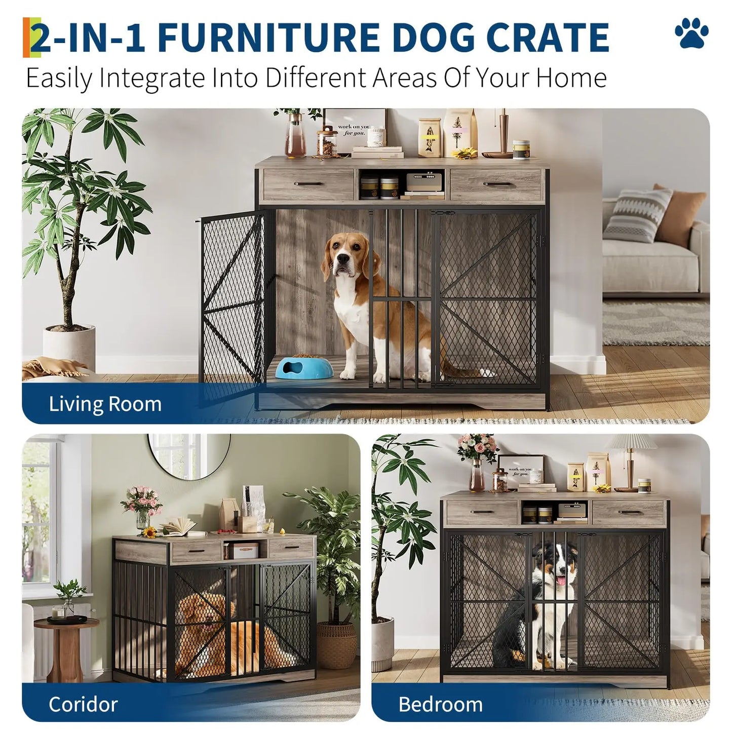44" Heavy Duty Dog Crate Furniture With Drawers Wooden Pet Kennel Double Door Indoor Dog House End Table For Medium Large Dogs