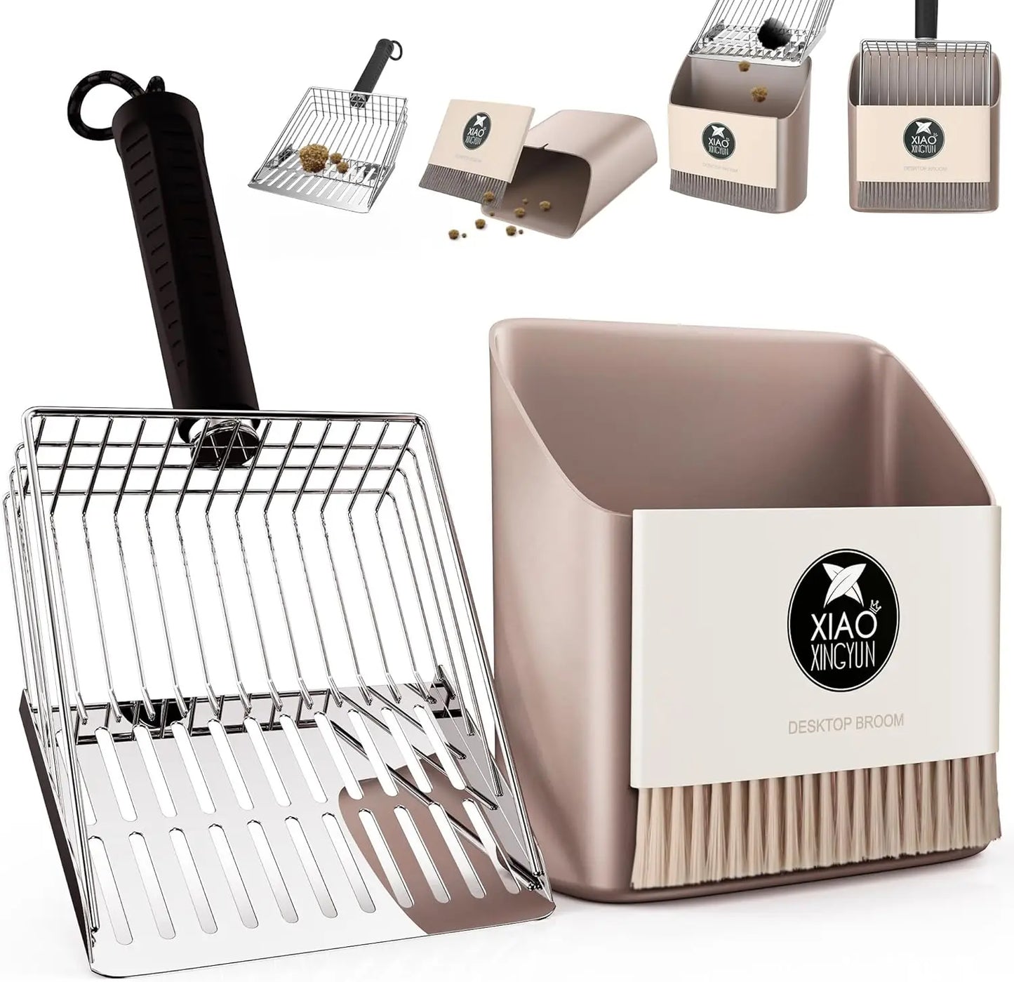 Heavy Duty Stainless Steel Cat Litter Scoop with Holder, Portable Broom and Dustpan Set for Quick Sift and Easy Cleaning