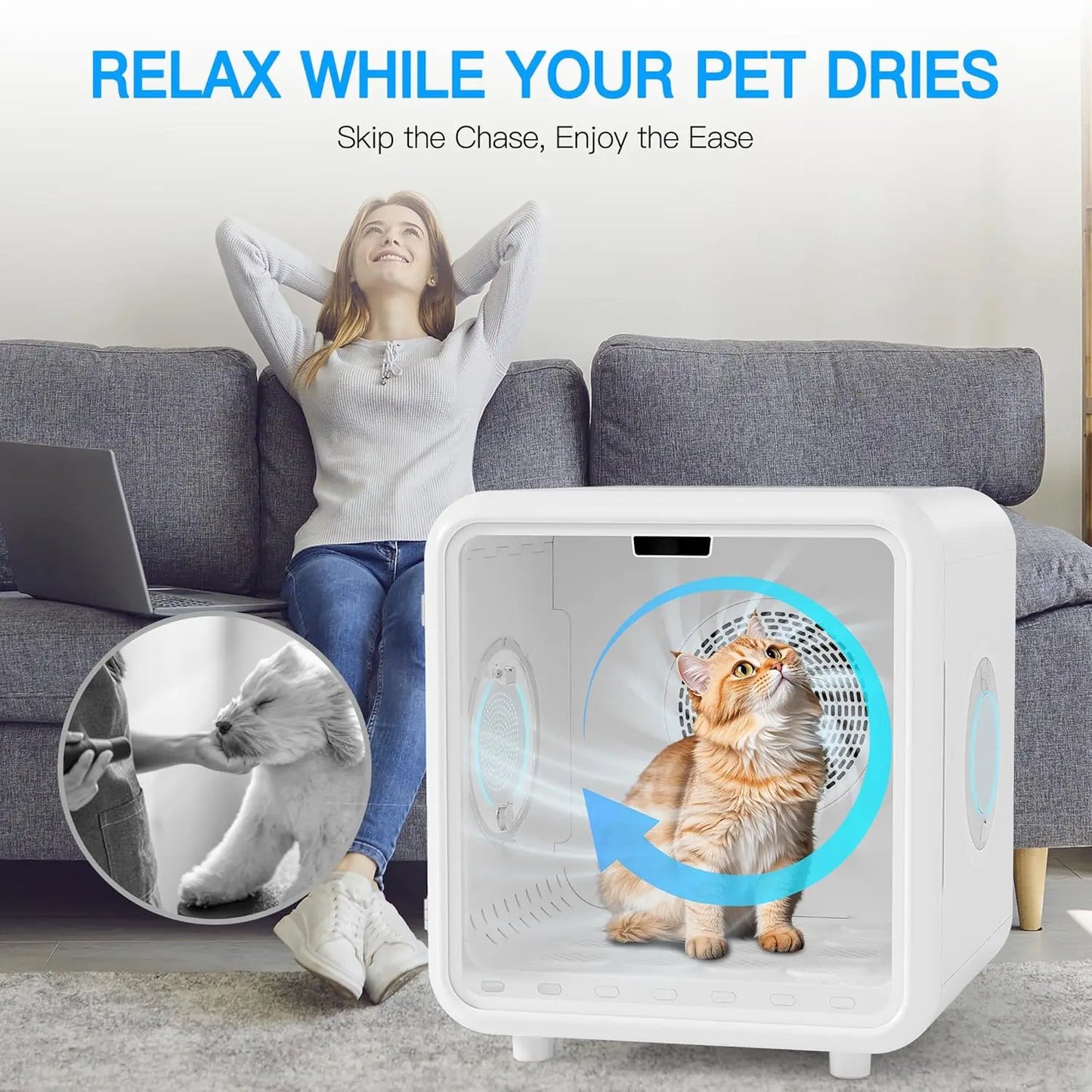 75L Quiet Pet Dryer Box for Cats Small Dogs, 360° Airflow Adjustable Temperature Time Smart App Control Home Grooming, Custom